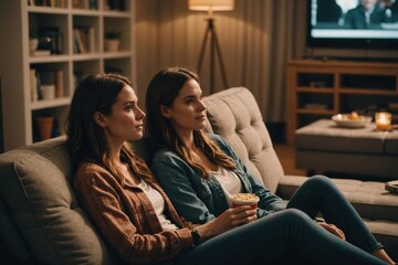 Obraz premium Side view high angle of content couple of women sitting on sofa watching movie together in living room
