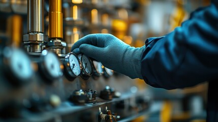 A technician adjusts gauges on industrial equipment in a control room.