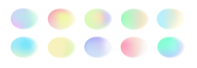 Abstract color gradient. Circles soft pastel watercolor shapes. Liquid round blobs with dynamic blur effect. Color iridescent blending design vector set.