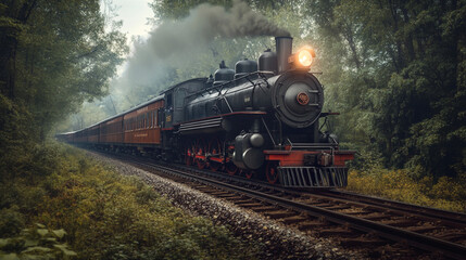 Fototapeta premium Vintage Steam Train Journey Through Lush Forest