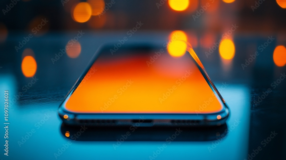 Poster smartphone screen reflecting warm bokeh lights.
