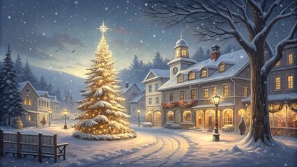 Obraz premium Glowing Christmas tree in a snowy town square with festive lights