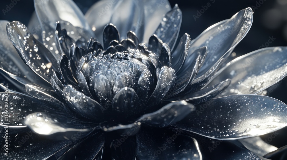 Poster a close-up of a metallic flower with water droplets, showcasing intricate details and textures.