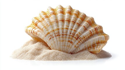 Obraz premium A scallop shell resting on fine sand, showcasing natural beauty and marine elements.