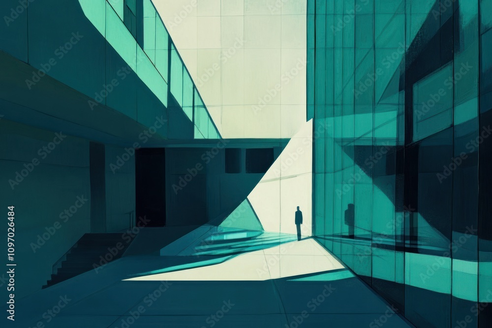 Aufkleber A minimalistic architectural scene with sharp angles and contrasting shadows.