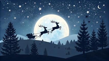 Reindeer flying across a glowing moonlit sky above a snowy forest