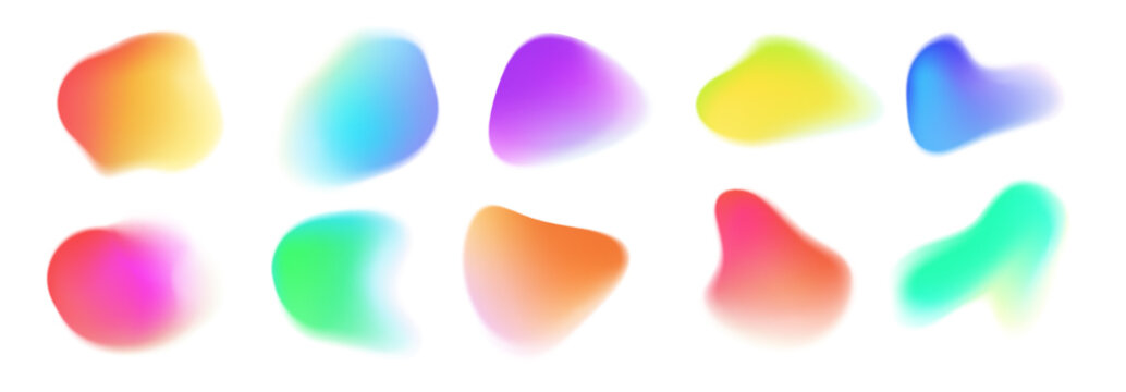 Gradient blur blob shapes. Abstract watercolor blurred shapes. Colorful fluid half transparent amorphous blobs. Vector isolated vibrant color blending circles set. Vector set.
