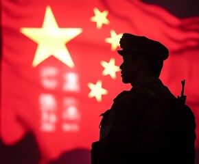 Silhouette of a male soldier in uniform against a vibrant Chinese flag backdrop.