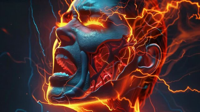 Trigeminal Neuralgia: The Facial Pain and Muscle Spasms - Picture a person with highlighted trigeminal nerve showing dysfunction, experiencing facial pain and muscle spasms 