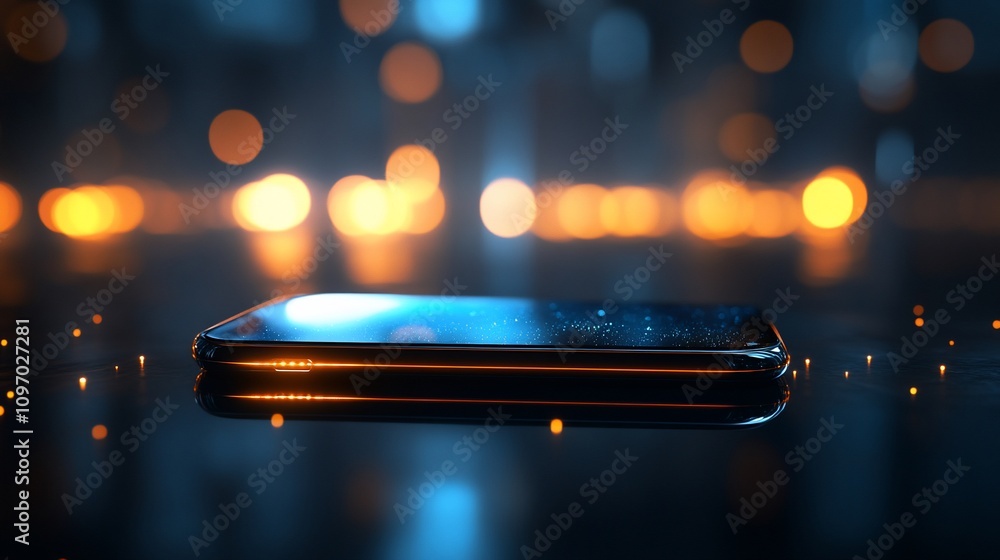 Poster sleek smartphone on reflective surface with bokeh lights.