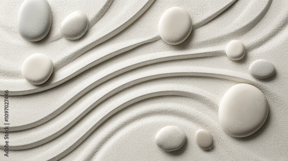 Poster Abstract design featuring smooth stones on textured sand with flowing lines.
