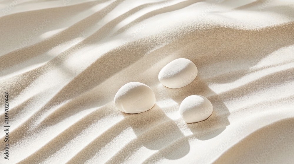 Aufkleber Three white eggs resting on a smooth, sandy surface, creating a serene composition.