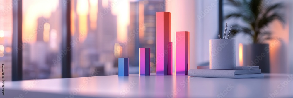 Poster A modern workspace featuring colorful bar graphs, a plant, and a stack of books.