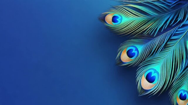Vibrant peacock feathers against a deep blue background showcasing intricate patterns and bright colors