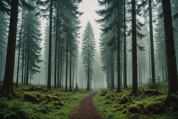 Obraz premium Spectacular scenery of green woodland with tall trees growing against foggy sky