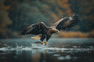Fototapeta premium Eagle in Flight Catching a Fish from a Lake in Majestic Wildlife Scene