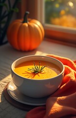 Warm pumpkin soup bowl sits on wooden table near window. Autumn sunlight illuminates orange cream soup. Fresh rosemary garnish adds flavor. Pumpkin sits beside bowl. Cozy fall scene.
