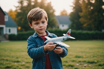 Boy playing outside with airplane toy
