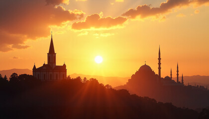 Fototapeta premium Silhouette of a church and a mosque against a vibrant sunset sky