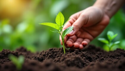Woman plants young sprout in fertile soil. Hand gently holds seedling. Gardener cultivates new plant. Green leaves grow. Agriculture and nature concept.