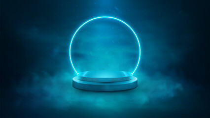 Abstract glowing podium with bright neon ring. Scene for your product presentation, show cosmetic. Illuminated pedestal. Dark blue platform on smoky or fog background. Vector illustration