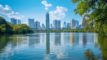 Fototapeta premium Breathtaking view of a vast lake and flowing river with a beautiful city skyline under blue sky
