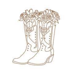 Cowboy boots with flowers roses vector illustration. Cowboy boots and floral decoration. Brown sketch isolated on white for design, greeting cards, print. Outline vector hand drawn.