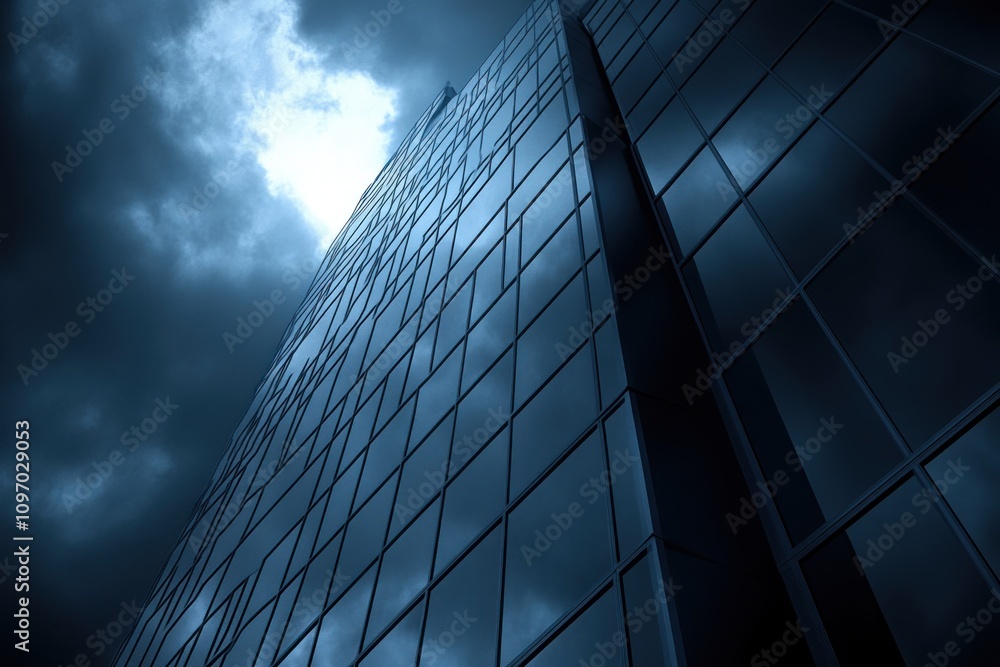 Poster a modern skyscraper reflecting dark clouds under a moody sky.