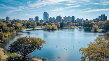 Obraz premium Breathtaking view of a vast lake and river framed by a vibrant city skyline under clear skies