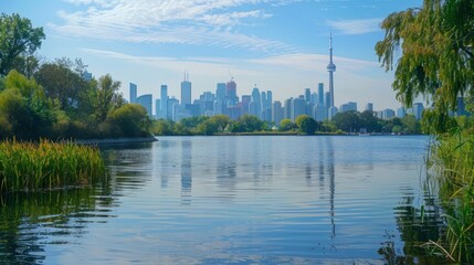 Obraz premium Stunning view of a river merging with a lake surrounded by a lively city skyline and clear sky