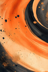 A painting of a circle with orange and black paint splatters