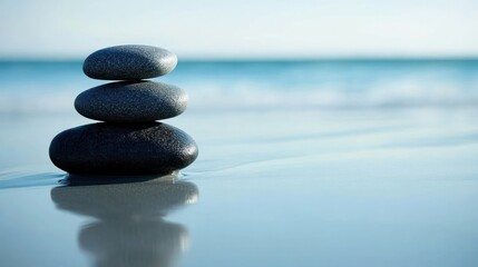 Three Smooth Stones Stacked on Beach Near Ocean