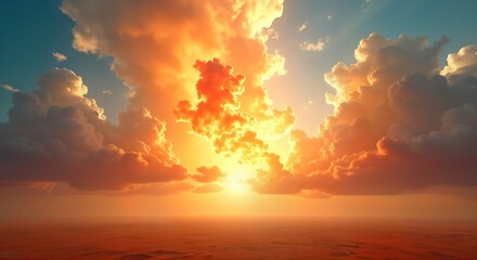 Fototapeta premium Dramatic sunset sky. Vibrant clouds. Orange light. Beautiful celestial panorama. Powerful nature scene. Stunning atmospheric event. Radiant energy. Unique skyward view. Mystical heaven. Cosmic