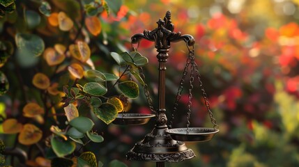 A close-up of a justice scale in a garden setting with fall foliage in the background.