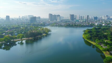 Naklejka premium Breathtaking view of a vast lake and river framing a gorgeous city skyline beneath a clear sky