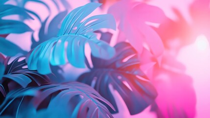 Vibrant Blue and Pink Monstera Leaves Abstract Background
