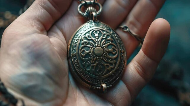 Close-up of an old, ornate locket held in a trembling hand, its story shrouded in mystery 