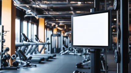 Modern gym with a blank digital display and fitness equipment in the background. Placeholder, blank screen © Angelo