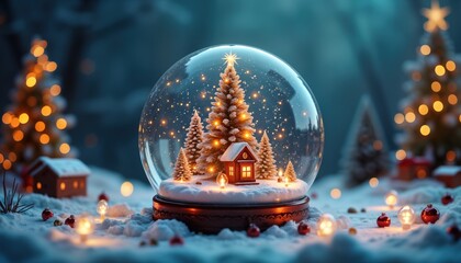 Magical snow globe Christmas scene AI generated. Winter wonderland inside glass ball. Illuminated house miniature Christmas trees. Festive holiday season gift card design.