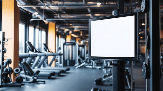 Modern gym with a blank digital display and fitness equipment in the background. Placeholder, blank screen