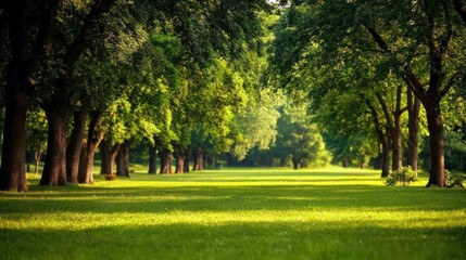 Obraz premium Sunlit Green Trees Line A Grassy Path