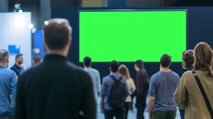 Fototapeta premium A diverse crowd facing a blank green screen display at an exhibition event.