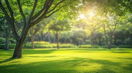Sunlit Tree and Lush Green Grass in a Park