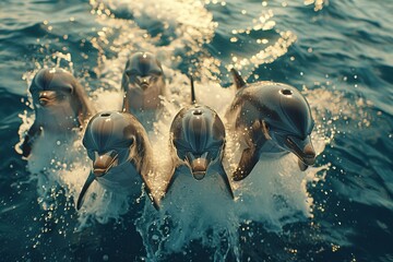 Naklejka premium Bottlenose Dolphins Jumping Out of Clear Blue Water on a Sunny Day