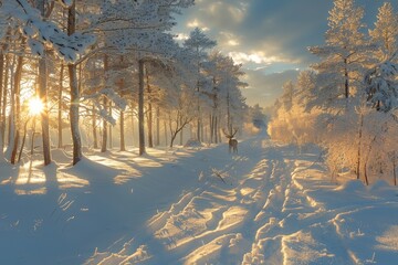 Winter Forest Landscape Covered in Frost with Snow-Covered Trees and Deer