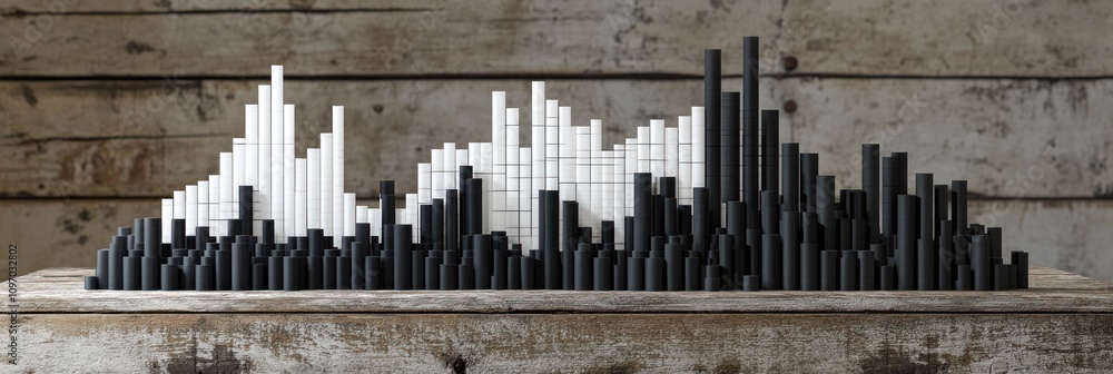 Poster A 3D bar graph with black and white bars representing data on a rustic wooden surface.