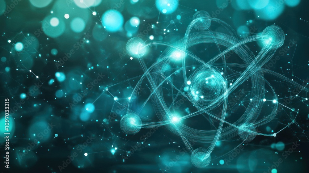 Aufkleber abstract representation of an atom with glowing particles and a cosmic background.