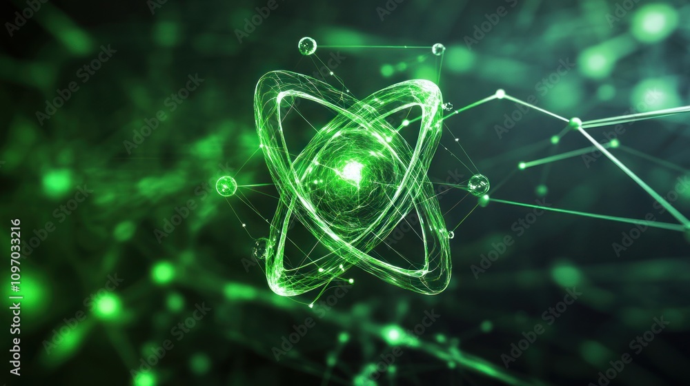 Poster abstract representation of an atom with green energy effects and molecular connections.