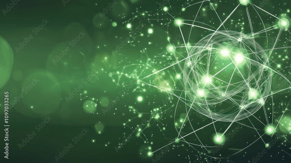 Fototapete abstract visualization of atomic structure with glowing particles on a green background.