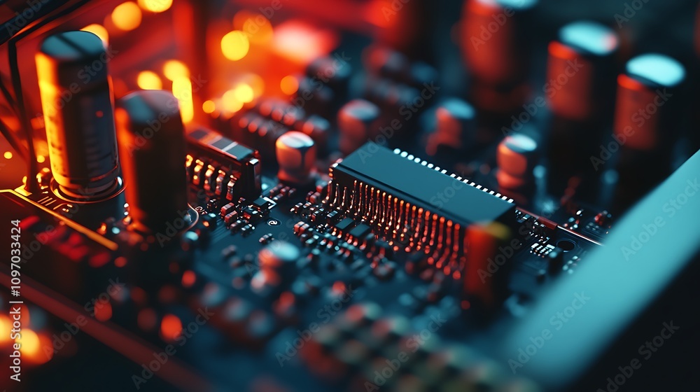 Poster illuminated circuit board components close up view